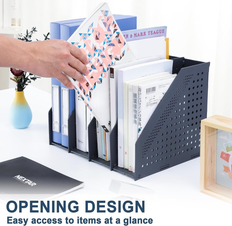 FRETONBA Collapsible Magazine File Holder with 4 Vertical Compartments Foldable Binder Holder for Desk Binder Storage Organizer Plastic Magazine Holders for Shelf, Dark Gray - Image 2